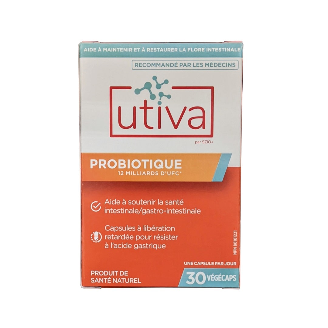 Product label for UTIVA Probiotic 12 Billion CFU (30 capsules) in French