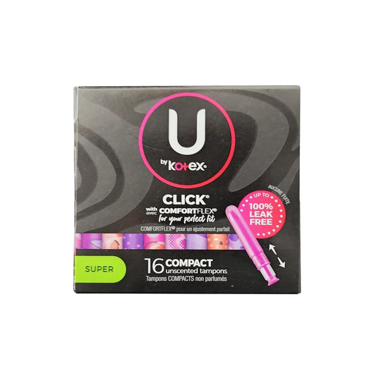 Product label for U by Kotex Click with ComfortFlex Super Tampons (16 count)