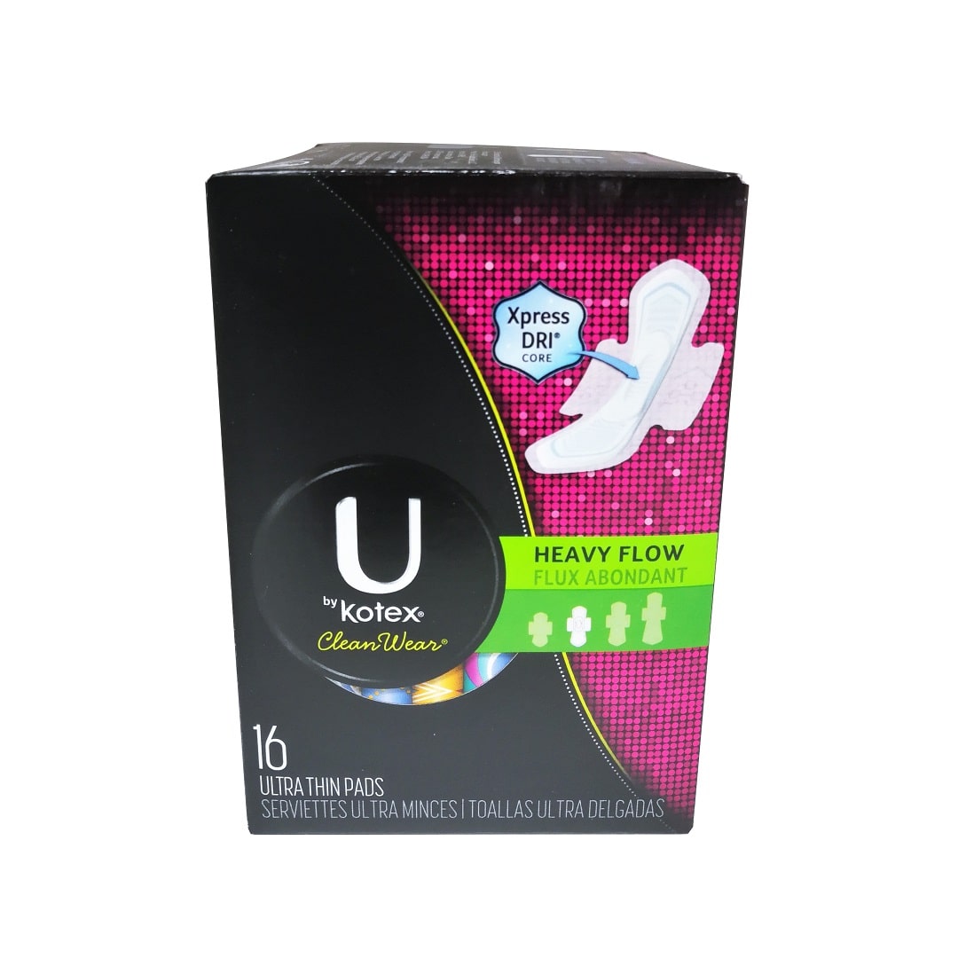 Product label for U by Kotex Heavy Flow Ultra Thin Pads (16 count)