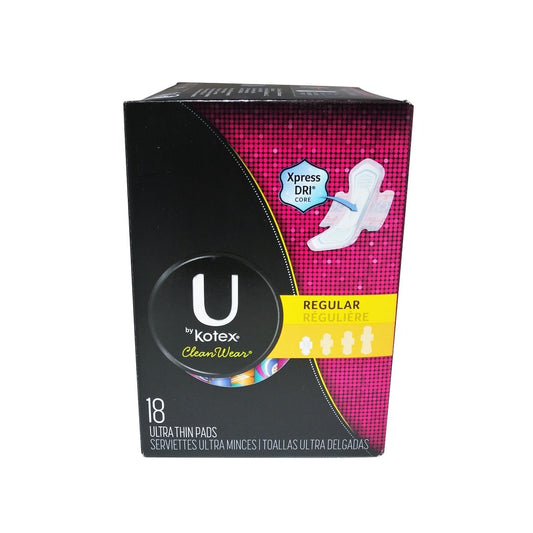 Product label for U by Kotex Regular Ultra Thin Pads (18 count)
