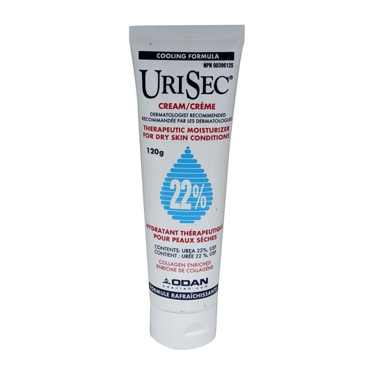 Product label for Urisec Cream 22% Urea (120 grams)