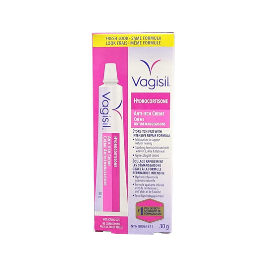 Product label for Vagisil Hydrocortisone Anti-Itch Cream (30 grams)