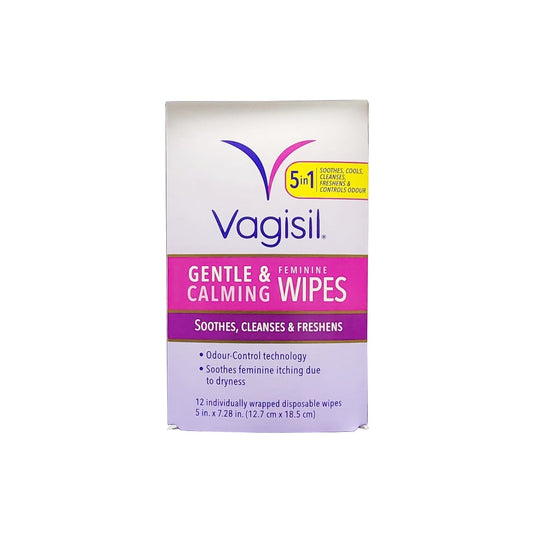 Product label for Vagisil Gentle & Calming Wipes (12 count) in English