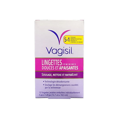 Product label for Vagisil Gentle & Calming Wipes (12 count) in French