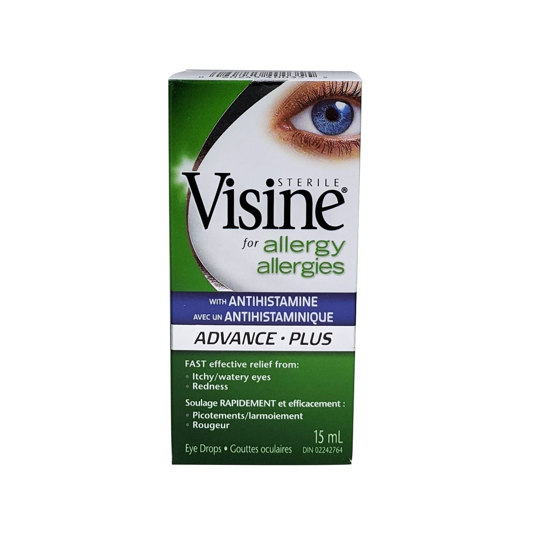 Product label for Visine Advanced Plus Allergy Eye Drops (15 mL)