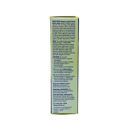 Directions, uses, caution, and ingredients for Visine Multi-Syptom 8-Symptom Relief Eye Drops (15 mL) in English