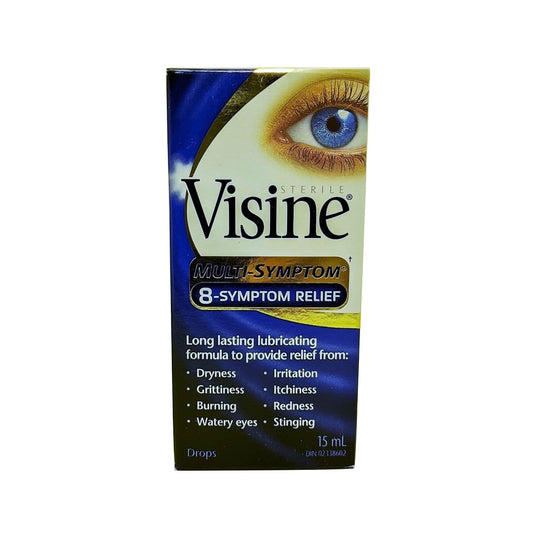 Product label for Visine Multi-Syptom 8-Symptom Relief Eye Drops (15 mL) in English
