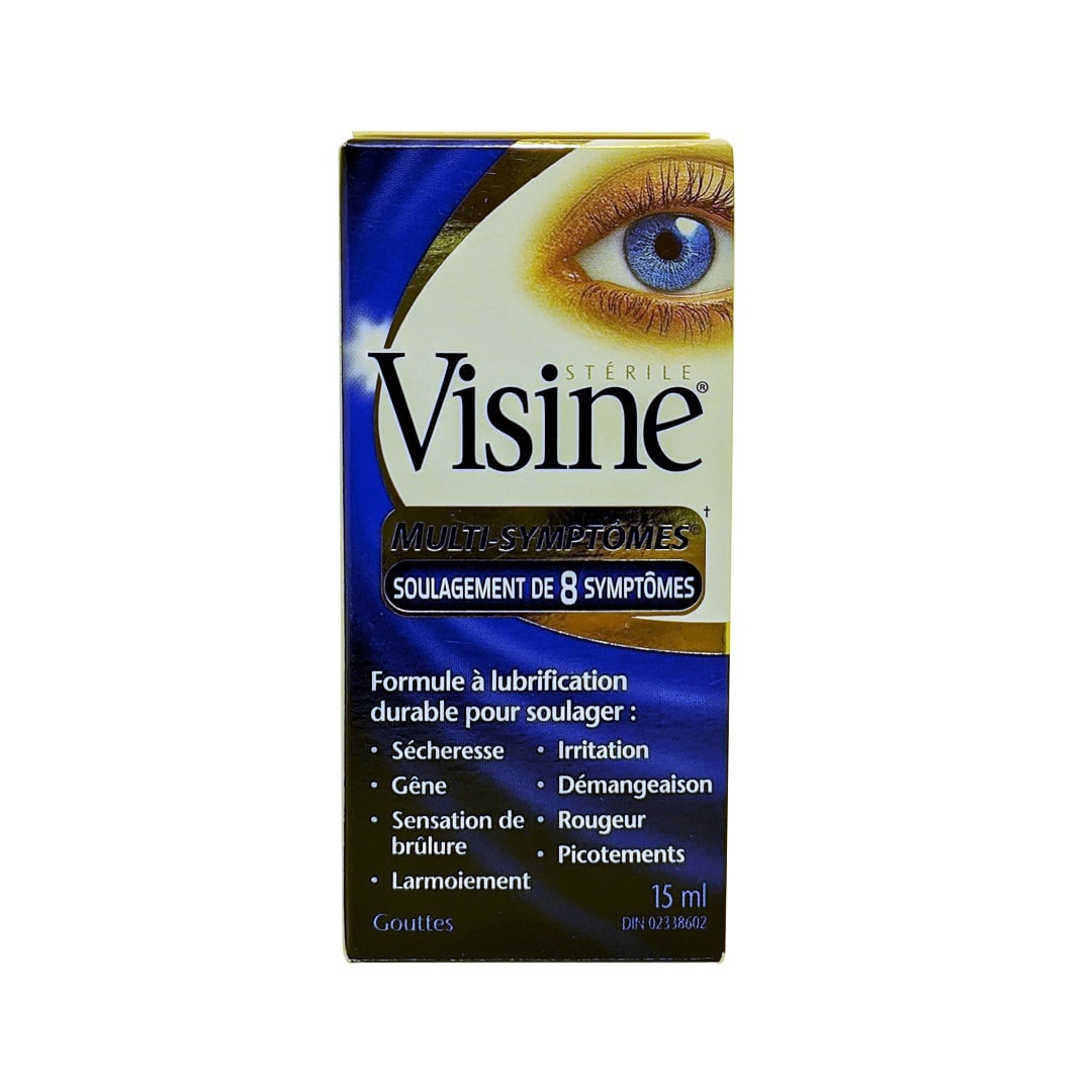 Product label for Visine Multi-Syptom 8-Symptom Relief Eye Drops (15 mL) in French