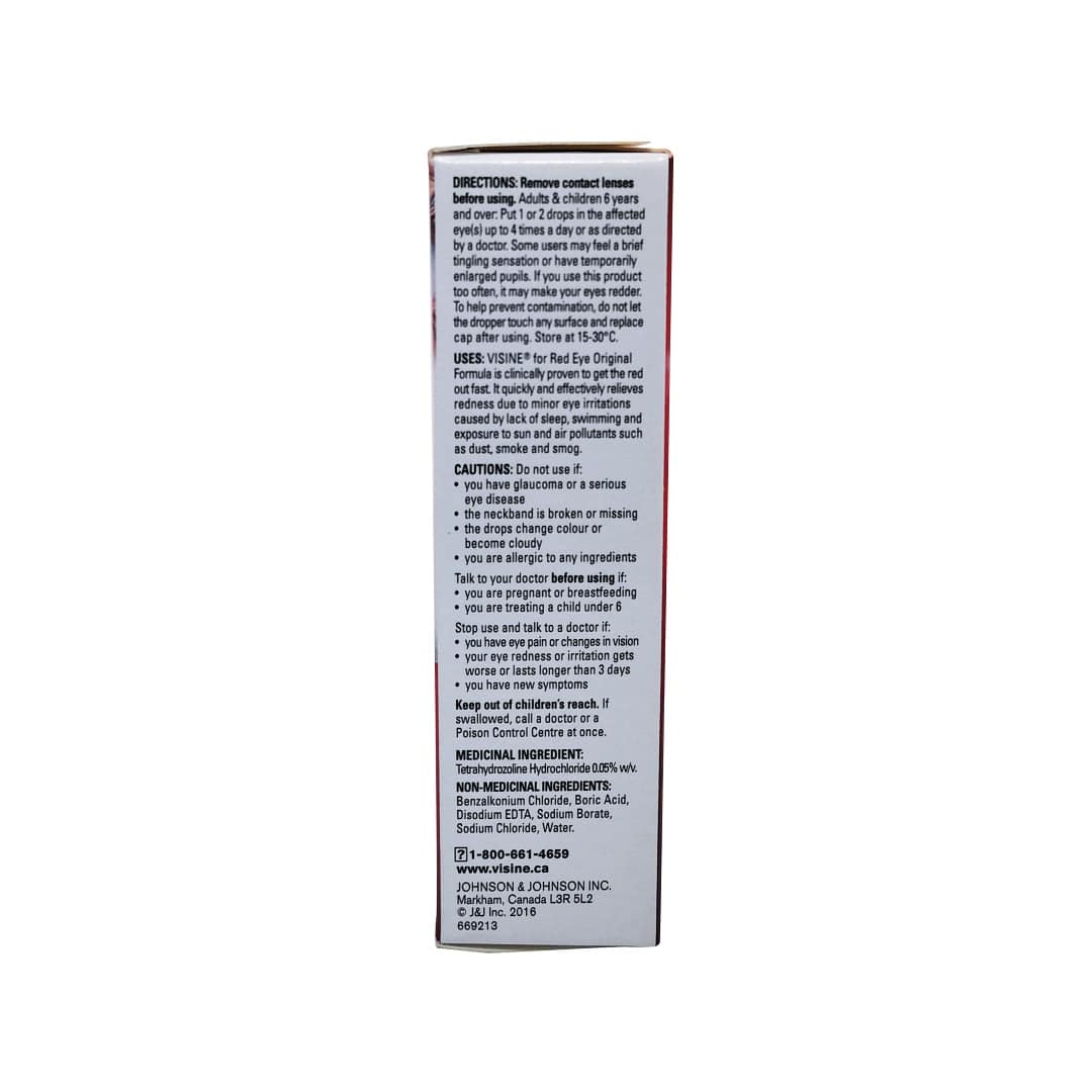 Directions, uses, cautions, and ingredients for Visine Red Eye Original Eye Drops (15 mL) in English