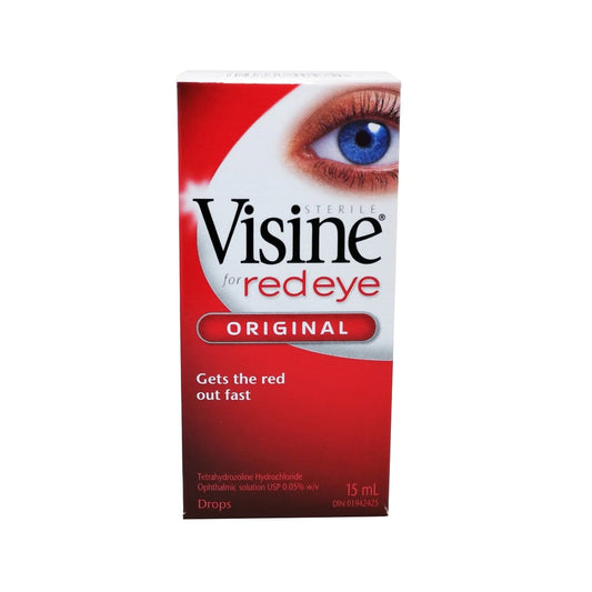 Product label for Visine Red Eye Original Eye Drops (15 mL) in English