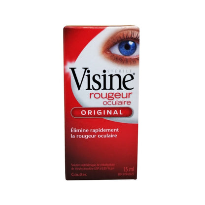 Product label for Visine Red Eye Original Eye Drops (15 mL) in French