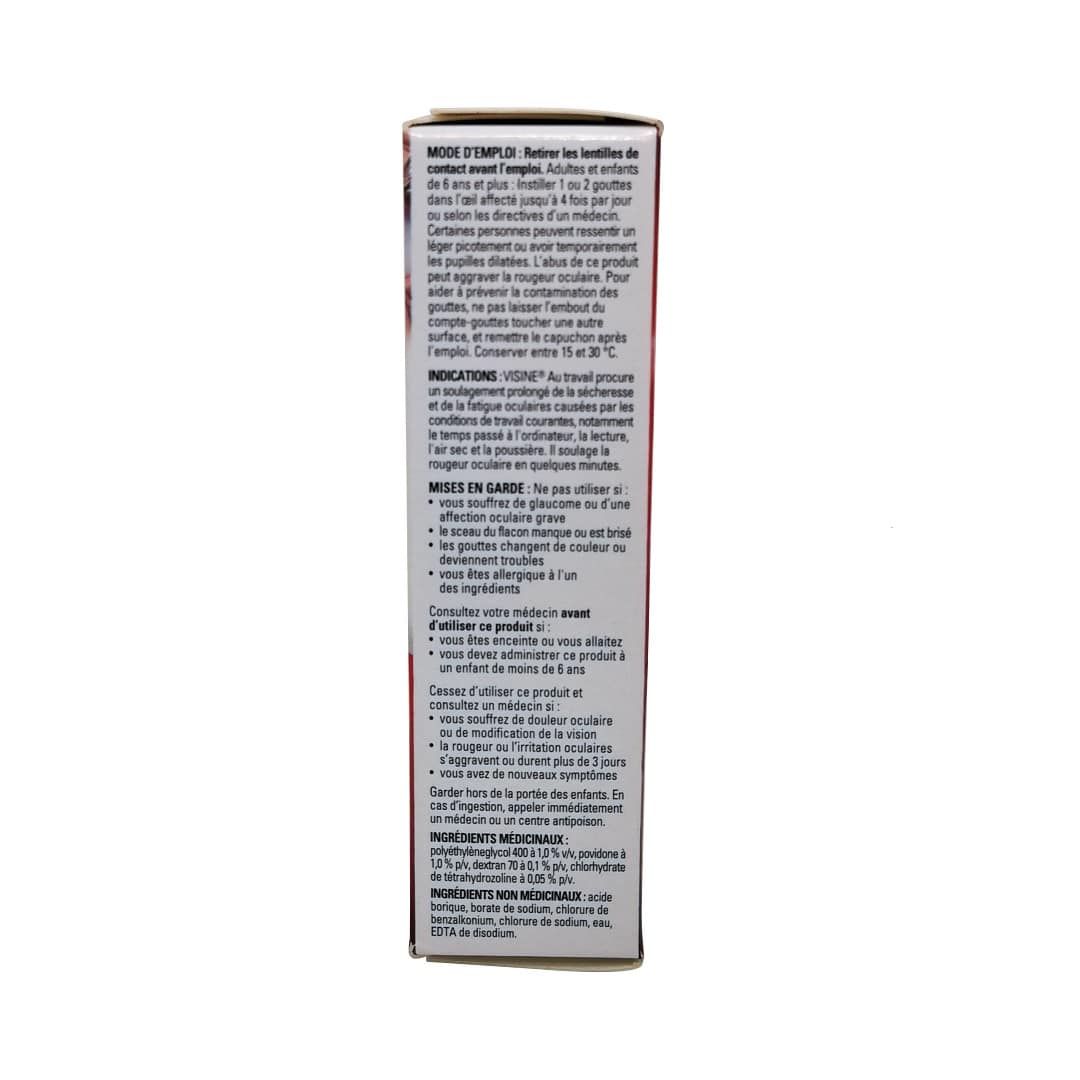 Directions, uses, cautions, and ingredients for Visine Red Eye Workplace Eye Drops (15 mL) in French