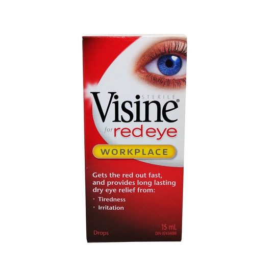Product label for Visine Red Eye Workplace Eye Drops (15 mL) in English