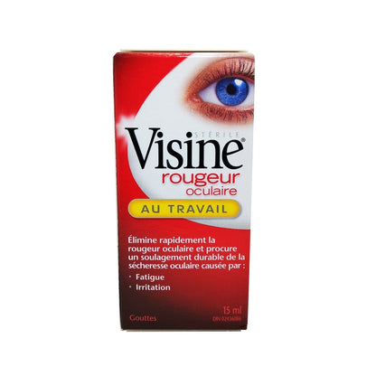 Product label for Visine Red Eye Workplace Eye Drops (15 mL) in French