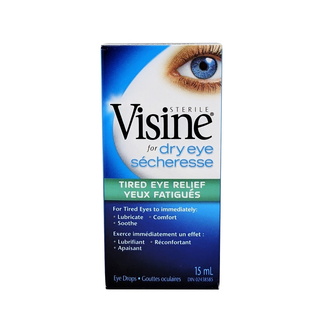 Product label for Visine for Dry Eye Tired Eye Relief (15 mL)