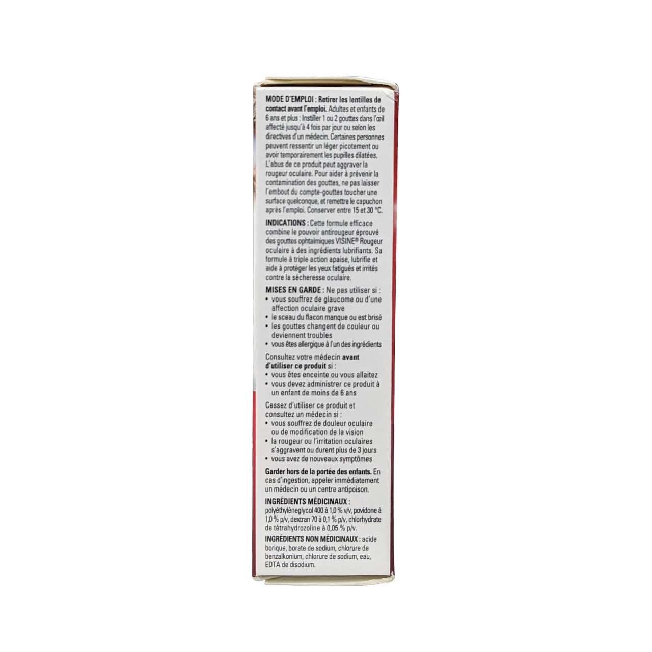 Directions, uses, cautions, and ingredients for Visine for Red Eye Triple Action (15 mL) in French