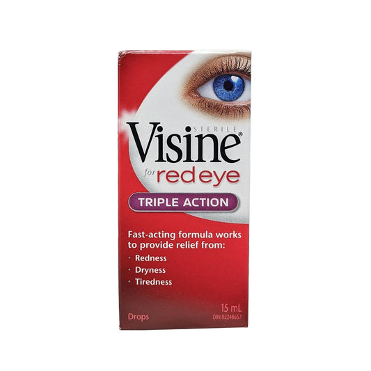 Product label for Visine for Red Eye Triple Action (15 mL) in English