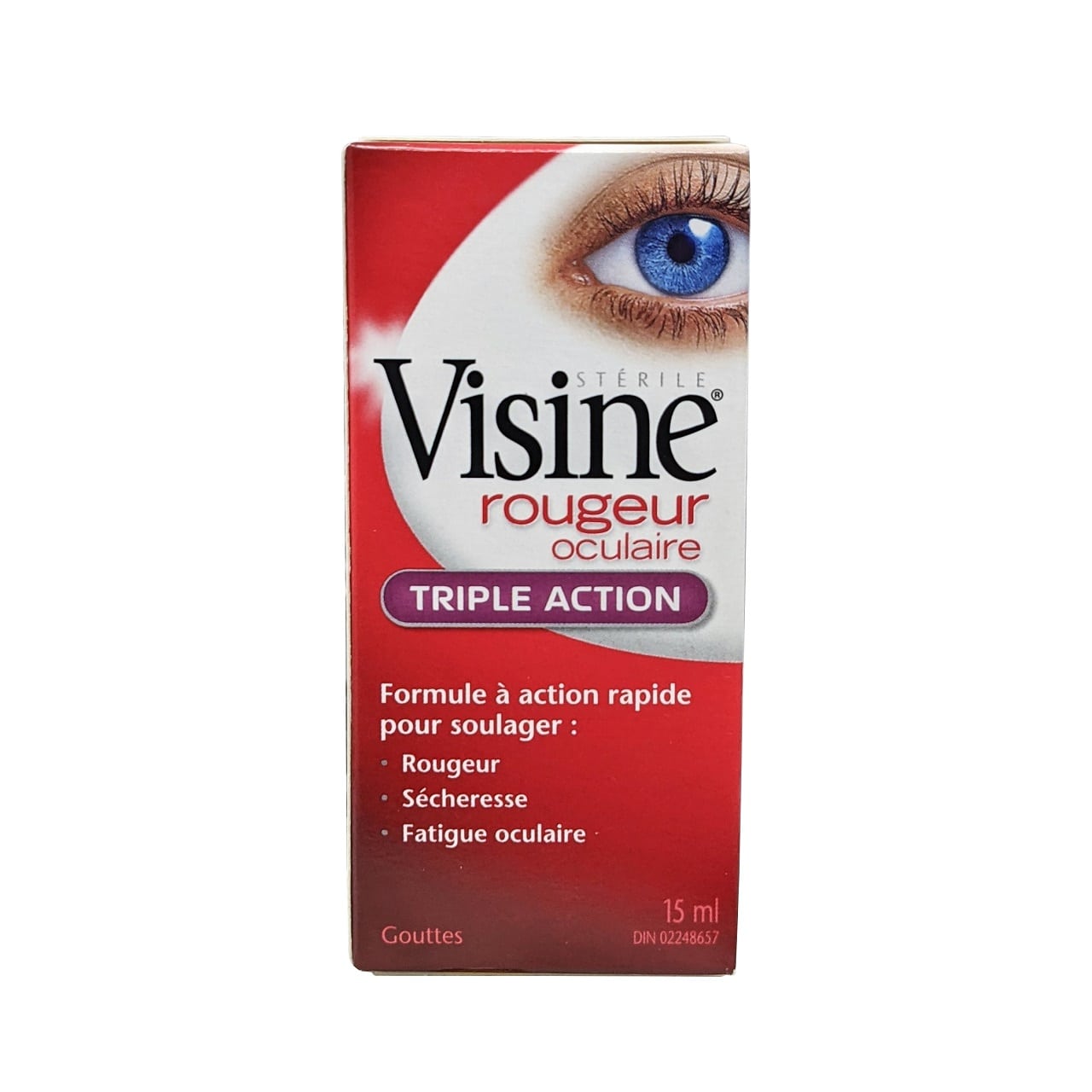 Product label for Visine for Red Eye Triple Action (15 mL) in French