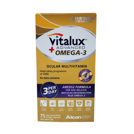 English product label for Alcon Vitalux Advanced Plus Omega-3 Ocular Multivitamin