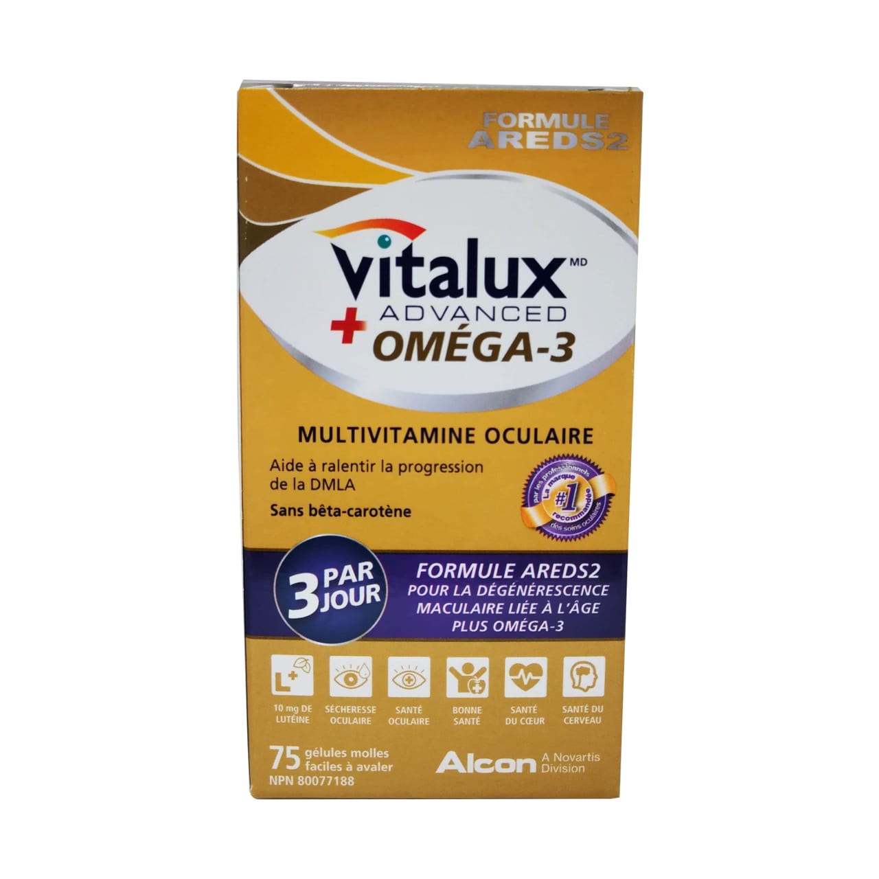 French product label for Alcon Vitalux Advanced Plus Omega-3 Ocular Multivitamin