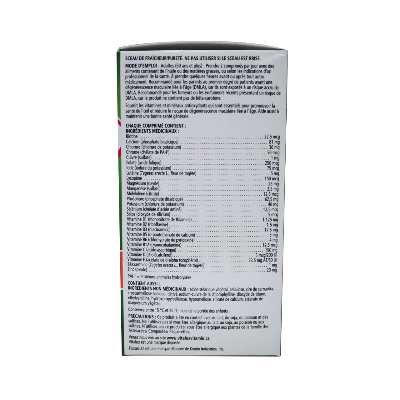 Product details, directions, ingredients, and warnings for Alcon Vitalux Healthy Eyes Complete Multivitamin in French