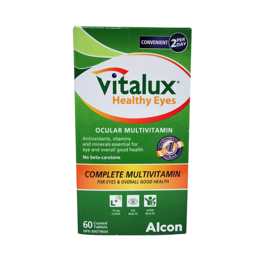English product label for Alcon Vitalux Healthy Eyes Complete Multivitamin