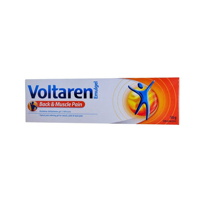 Product label for Voltaren Emulgel Back and Muscle Pain 50 g in English