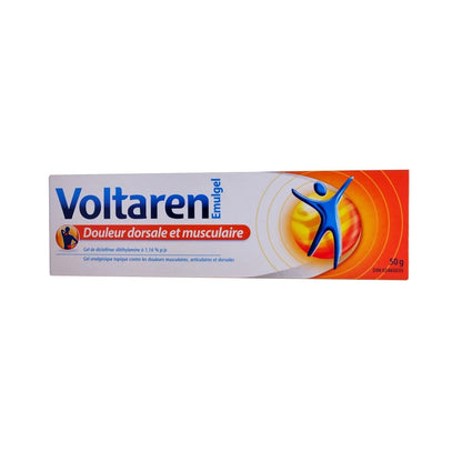 Product label for Voltaren Emulgel Back and Muscle Pain 50 g in French