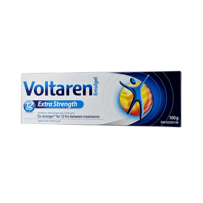 Product label for Voltaren Emulgel Extra Strength Gel 100g in English