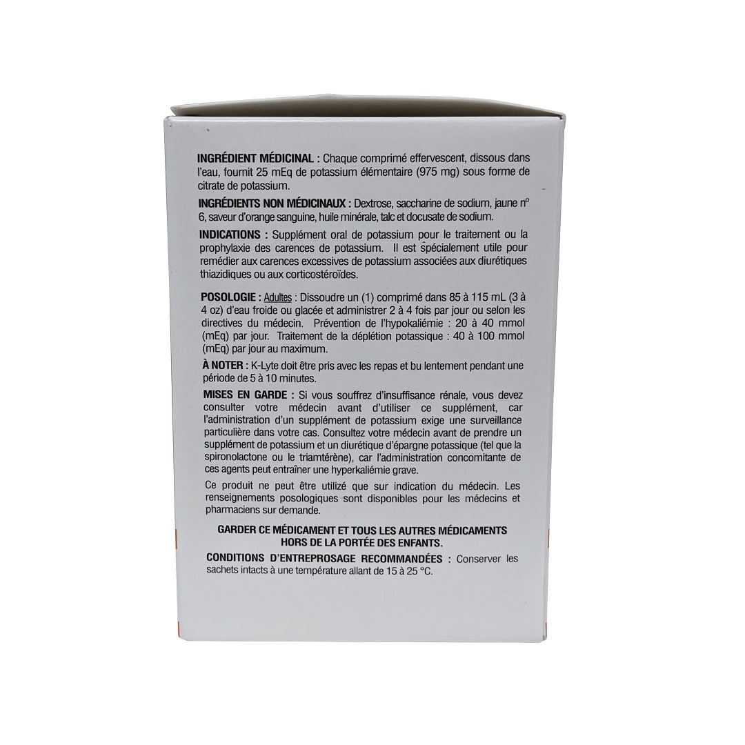 Ingredients, uses, dose, risk information for Wellspring K-Lyte Potassium Supplement Effervescent Tablets (30 tablets) in French