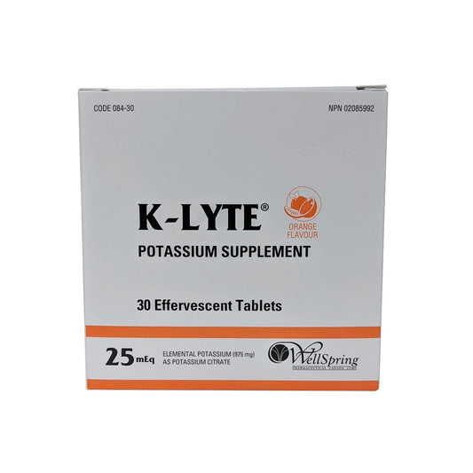 Product label for Wellspring K-Lyte Potassium Supplement Effervescent Tablets (30 tablets) in English