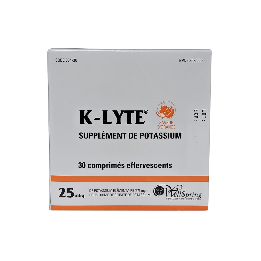 Product label for Wellspring K-Lyte Potassium Supplement Effervescent Tablets (30 tablets) in French