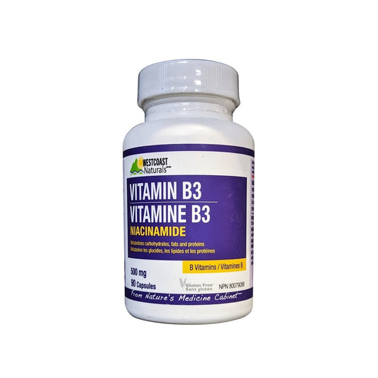 Product label for Westcoast Naturals Vitamin B3 500 mg (90 capsules)