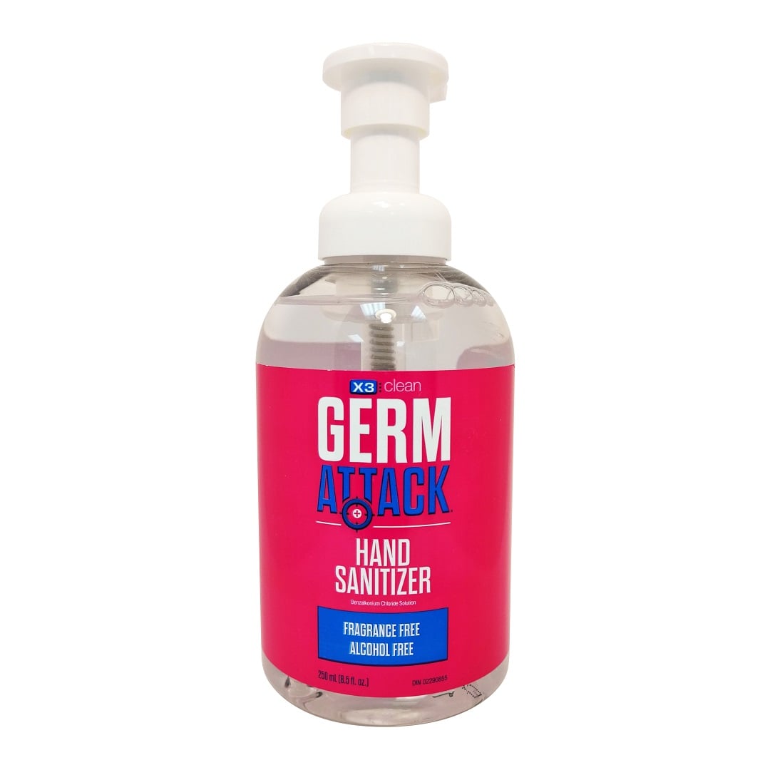 Product label for X3 Clean Germ Attack Hand Sanitizer Foam (250mL) in English