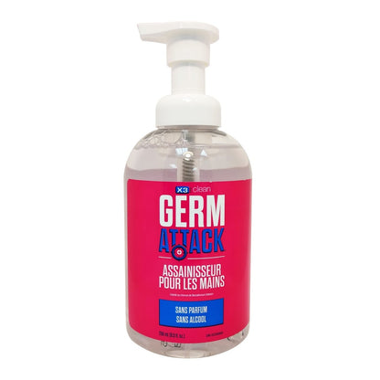 Product label for X3 Clean Germ Attack Hand Sanitizer Foam (250mL) in French