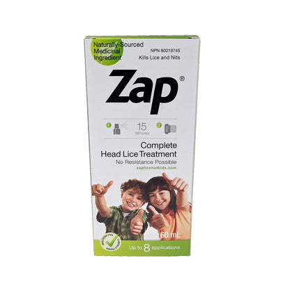 Product label for Zap Complete Head Lice Treatment (60 mL) in English