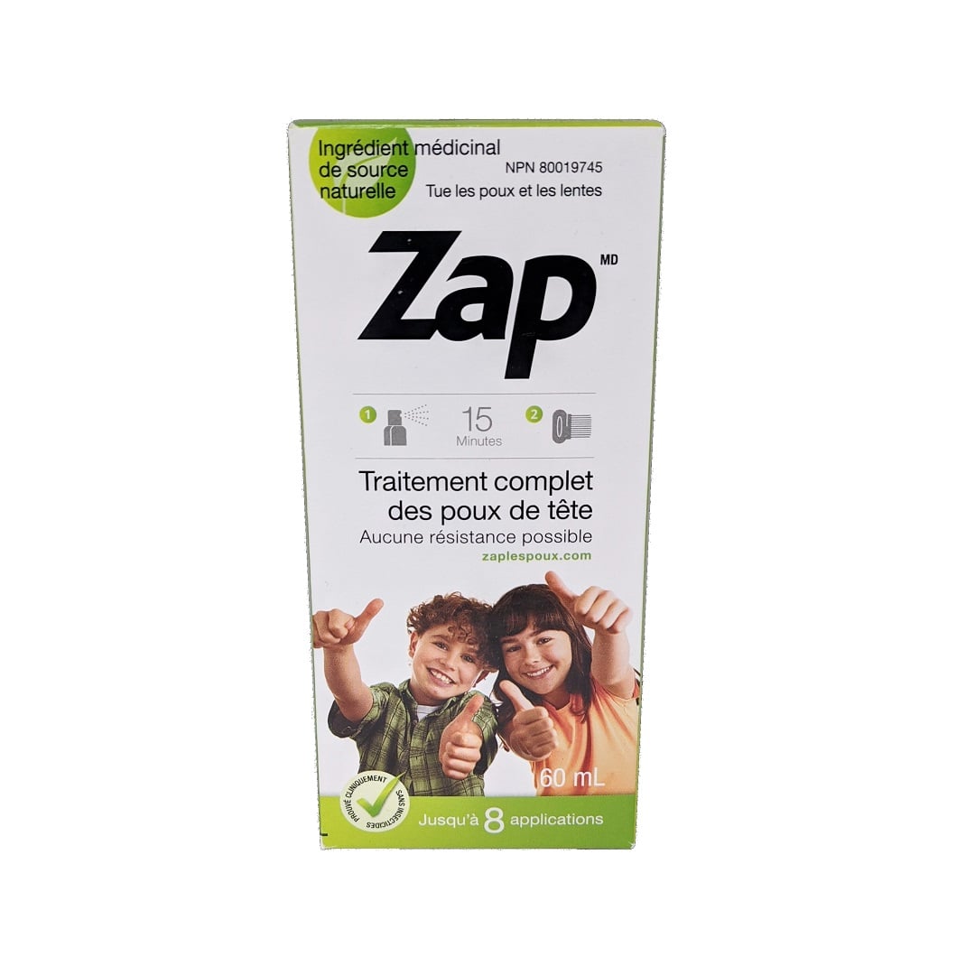 Product label for Zap Complete Head Lice Treatment (60 mL) in French