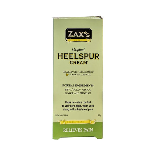 Product label for Zax's Original Heelspur Cream (35 grams) in English