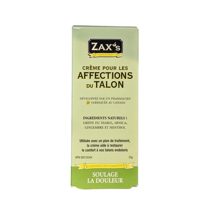 Product label for Zax's Original Heelspur Cream (35 grams) in French