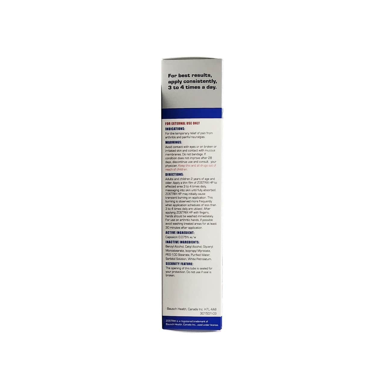 Indications, warnings, directions, ingredients for Zostrix HP Topical Analgesic Cream (60 grams) in English