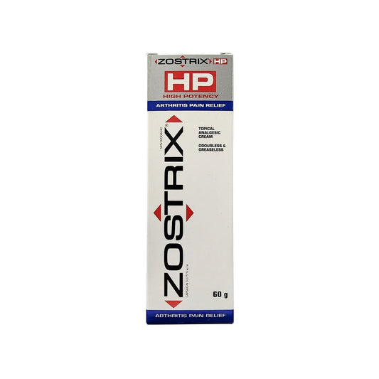 Product label for Zostrix HP Topical Analgesic Cream (60 grams) in English