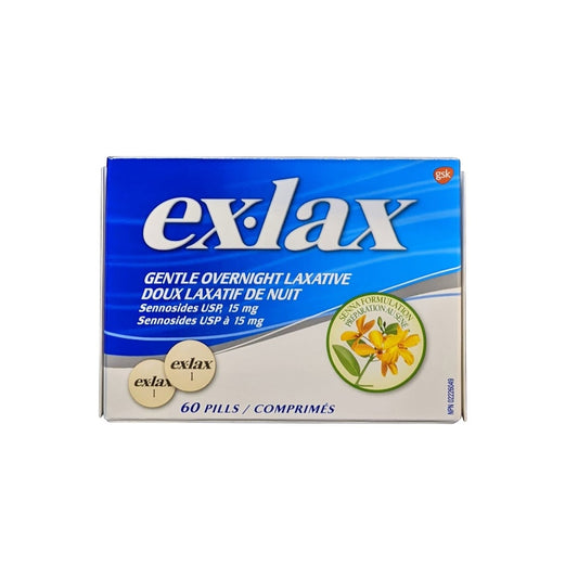 Product label for ex-lax Gentle Overnight Laxative Sennosides USP 15 mg (60 pills)