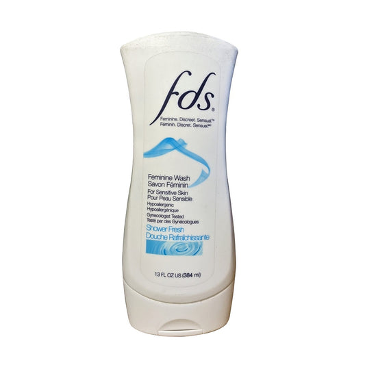 Product label for fds Feminine Wash Shower Fresh Body Wash (384 mL)