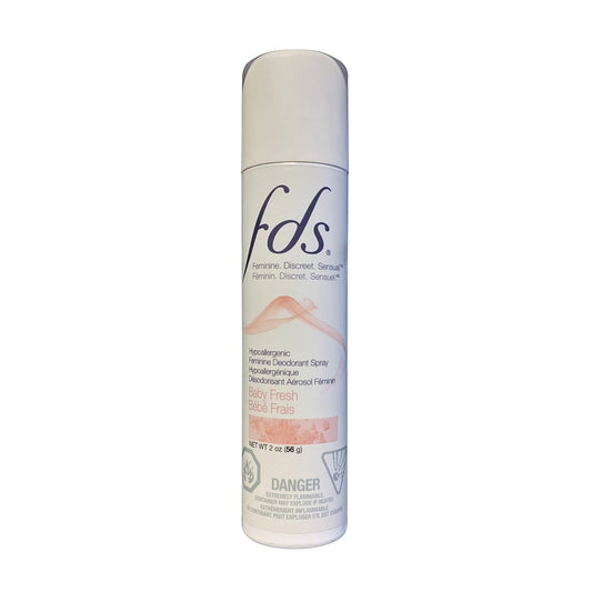 Product label for fds Hypoallergenic Feminine Deodorant Spray Baby Fresh (125 mL)