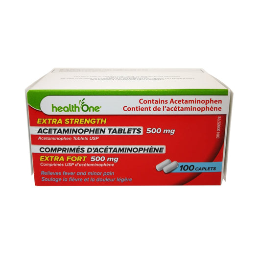 Product label for health One Acetaminophen Extra Strength 500mg in French and English