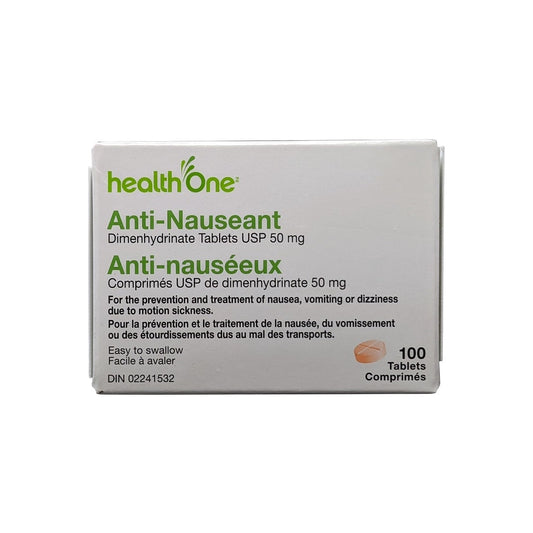 Product label for health One Anti-Nauseant Dimenhydrinate USP 50 mg (100 tablets)