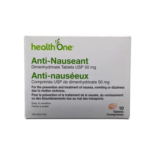 Product label for health One Anti-Nauseant Dimenhydrinate USP 50 mg (10 tablets)