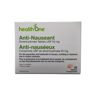 Product label for health One Anti-Nauseant Dimenhydrinate USP 50 mg (30 tablets)
