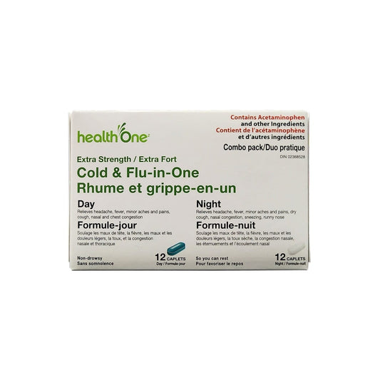 Product label for health One Extra Strength Cold and Flu Day and Night Combo Pack (24 caplets)