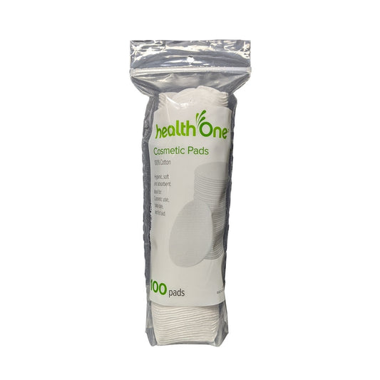 Product label for health One Cosmetic Pads (100 count) in English